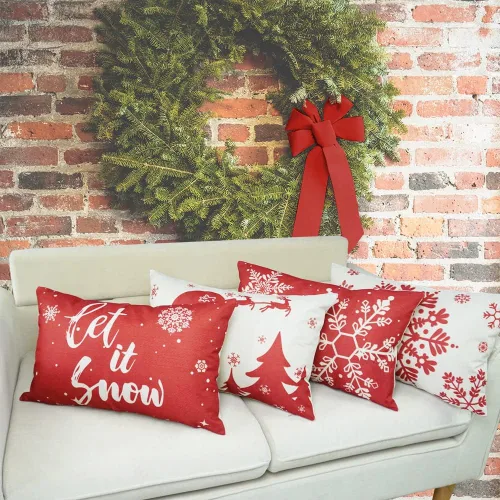 Miniatura 9 de JOJOGOGO Juego de 4 fundas de almohada rojas de copo de nieve de 18 x 18 pulgadas, almohadas decorativas Let It Snow de 18 x 18 pulgadas