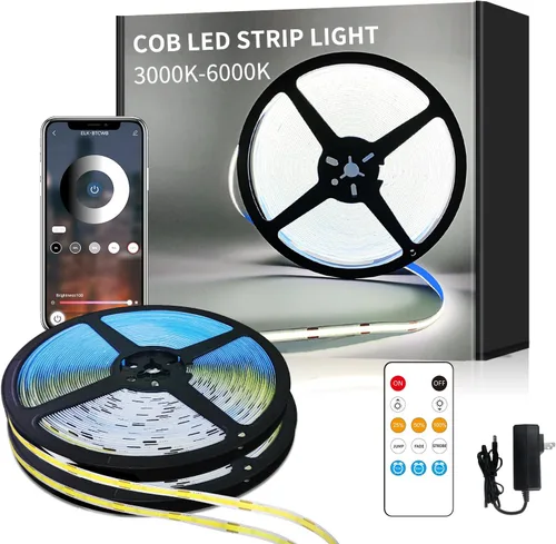 Miniatura 12 de Tira de luces LED COB de 32.8 pies, CC 24 V, regulable, 6000 K, luz de cinta LED flexible blanca para dormitorio, con control remoto y aplicación