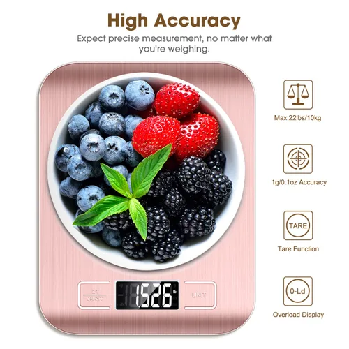 Miniatura 4 de Mik-Nana Báscula de cocina digital rosa de 22.0 lbs/22 libras, peso gramos y onzas para hornear y cocinar, graduación precisa de 1 g/0.1 oz, acero