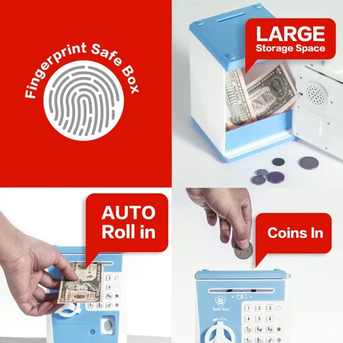 Miniatura 3 de LIKE Alcancía de Juguete Caja Fuerte con Huella Dactilar Cajero Automático Banco Máquina de Dinero y Monedas Caja de Ahorros para Niños Azul