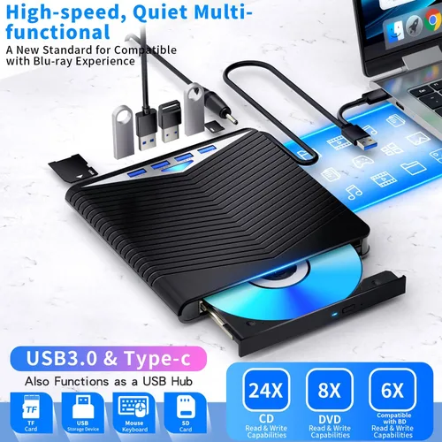 Miniatura 5 de Dainty Unidad Blu ray externa 7 en 1 lectura/escritura con quemador Bluray USB 3.0 y tipo C compatible con/Windows7-11 Mac OS Soporte para unidad