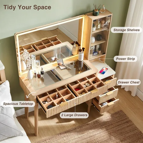 Miniatura 4 de RedLemon Escritorio de tocador acanalado de 48 pulgadas con espejo HD grande de 36 pulgadas y luces, mesa de maquillaje moderna de vidrio de madera