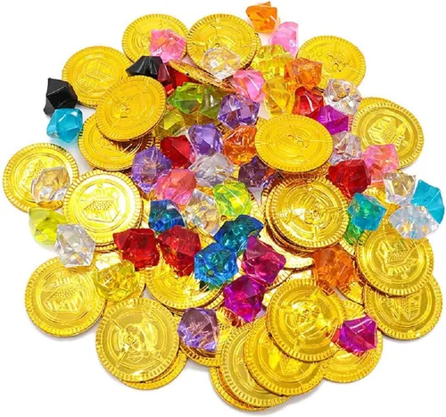 100 piezas de monedas de oro pirata de plástico, gemas de colores, pirata, búsqueda del tesoro, juguetes para niños, accesorios temáticos de fiesta,