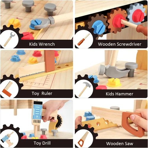 Miniatura 6 de PairPear - Banco de herramientas de madera para niños, banco de trabajo grande con juego de herramientas, juguete de taladro