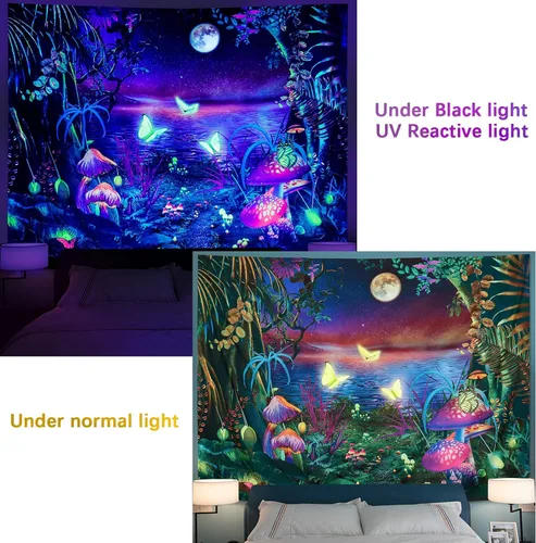 Miniatura 4 de Serborlur Tapiz de luna de bosque de fantasía, luz negra, reactivo a los rayos UV, mariposa, galaxia, espacial, tapiz para colgar en la pared, telón