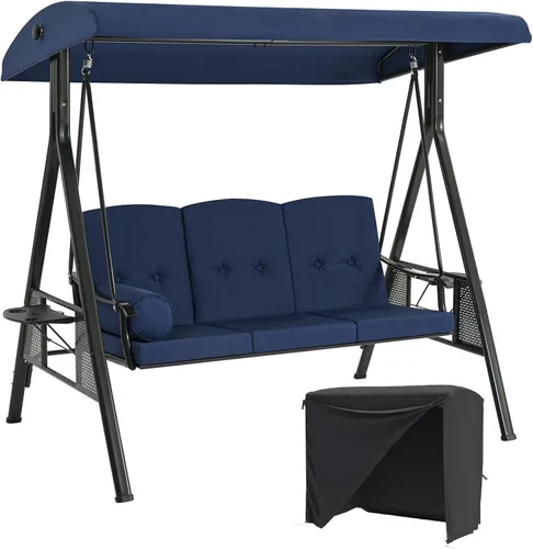 Miniatura 15 de AECOJOY - columpio de porche al aire libre con cubierta, columpios de patio de 3 asientos con toldo ajustable, columpio exterior para adultos