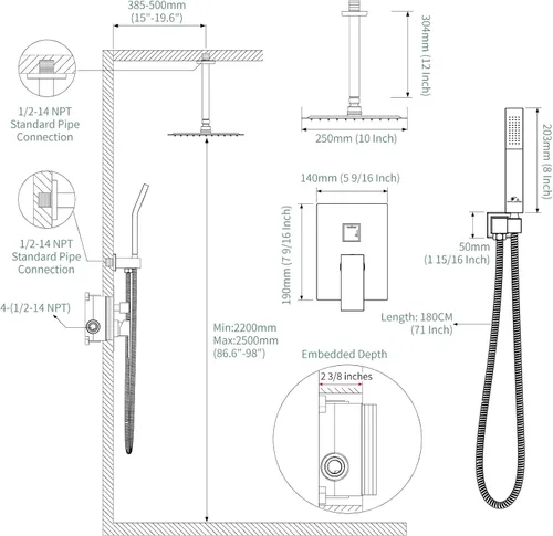 Miniatura 7 de SunCleanse Juego de Grifería de Ducha de Lluvia Cromado Pulido Juego Combinado de Ducha para Baño con Cabezal de Ducha de Alta Presión de 10 Cromo