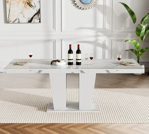 Miniatura 4 de Juego de mesa de comedor de mármol sintético blanco para 6 personas, juego de mesa de comedor extensible de 7 piezas de 63 a 78.74 pulgadas con 6