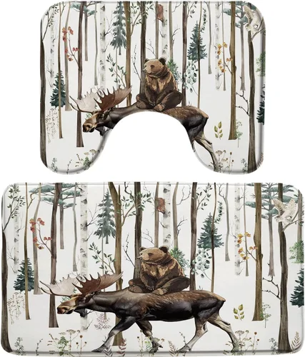 Miniatura 8 de Misty Forest Deer 2 piezas tablero de madera animales salvajes alce rústico naturaleza niebla caza cabaña árbol selva alfombra de baño en forma de U