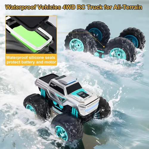 Miniatura 4 de Camión de control remoto anfibio impermeable para niños, giroscopio autoequilibrante Monster Truck con acrobacias de ruedas, luces LED, automóvil RC