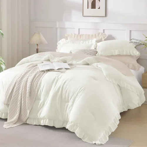 Miniatura 40 de Andency Juego de edredón beige tamaño King, 3 piezas estilo farmhouse shabby chic con volantes, ligero esponjoso suave de microfibra para todas