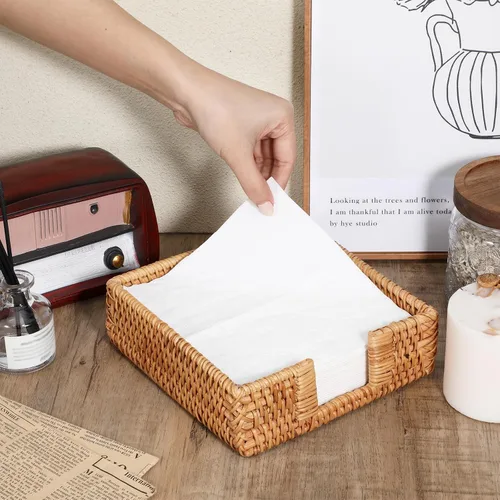 Miniatura 5 de Servilletero cuadrado de ratán, 7 × 7 × 2.4 pulgadas Servilleteros para servilletas de papel Toallero tejido para invitados, soporte rústico