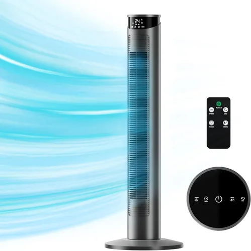 CIH Ventilador de torre de 37 pulgadas, 24 pies/s, ventilador oscilante silencioso sin aspas, 6 velocidades con control remoto, 4 modos, pantalla