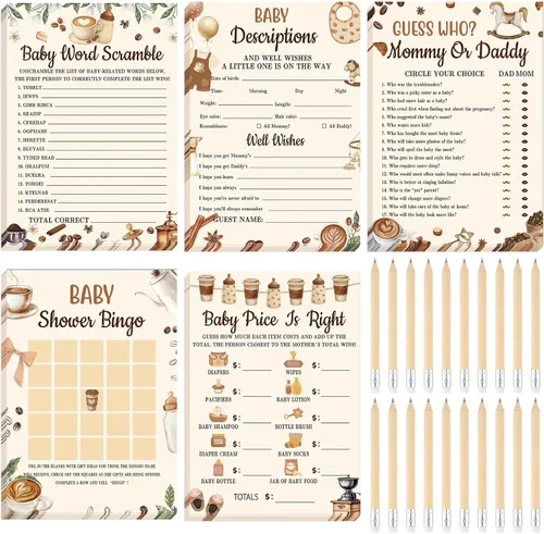 Miniatura 38 de Yinder 145 tarjetas de actividades para juegos de baby shower con 20 lápices, incluye descripción de bingo para bebés y deseos, adivina quién es