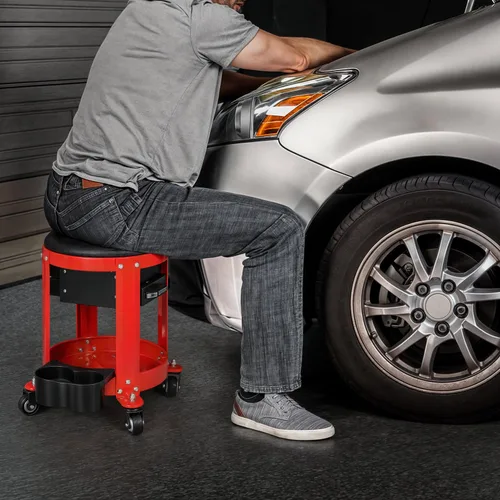 Miniatura 9 de Magshion Rolling Shop Taburete para garaje con cajón integrado, almacenamiento de herramientas y soporte para latas, asiento mecánico acolchado