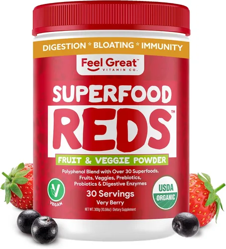 Polvo orgánico de superalimentos rojos | Suplemento de frutas y verduras | Mezcla de batidos cargada con polvo de raíz de remolacha orgánica |