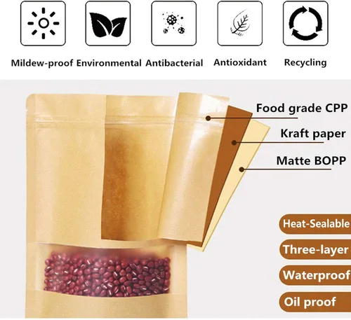 Miniatura 6 de TYONMUJO 100 bolsas de papel kraft con cierre de cremallera para ventana, bolsas a granel resellables de 3.5 x 5.5 pulgadas