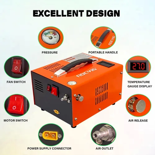 Miniatura 4 de Compresor de aire PCP 4500PSI Compresor PCP portátil, 12V DC/110V AC Compresor PCP para pistolas de aire con parada manual, con adaptador de Naranja