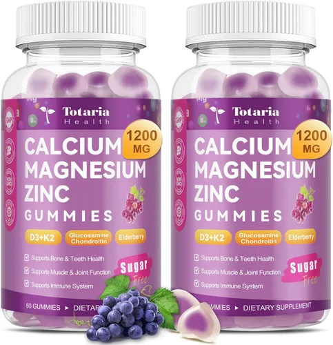 Miniatura 10 de Totaria Gomitas de calcio y magnesio y zinc sin azúcar para mujeres y hombres, 19 en 1 de máxima absorción de calcio 1200 mg suplementos