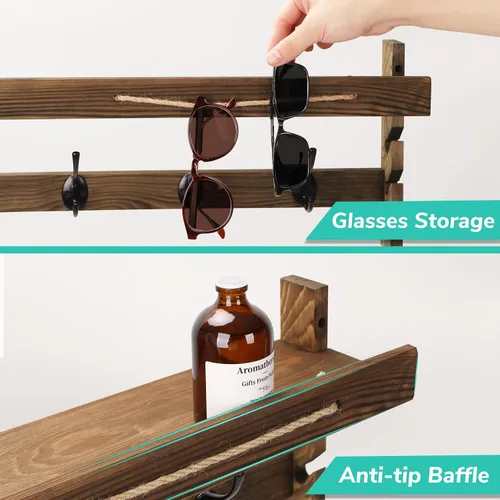 Miniatura 6 de AMBIRD Ganchos de pared con estante de 73.4 cm Entrada de pared con estante, ganchos para abrigos de madera, perchero de pared con estante