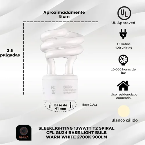 Miniatura 2 de Base de bombilla CFL GU24 espiral T2 de 13 vatios 2700 K 900 lm - Bombilla de luz aprobada por UL de 120 V 60 Hz - Mini espiral de bloqueo giratorio
