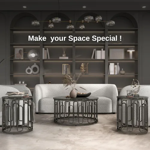 Miniatura 6 de Furniture of America Davis - Juego de mesa moderno de 3 piezas con parte superior de mármol, patas de metal resistentes y estante abierto para sala