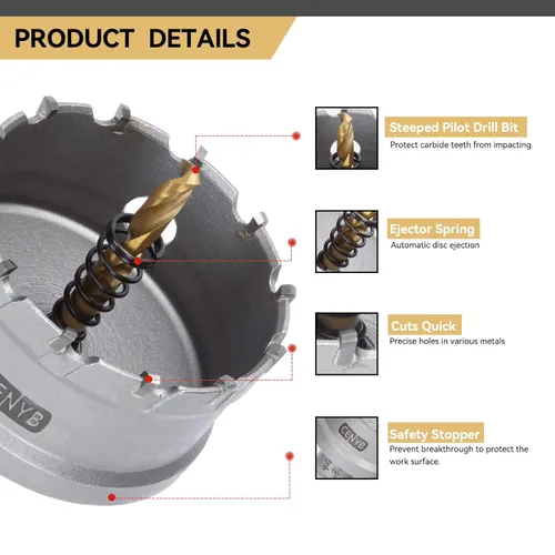 Miniatura 3 de 10 piezas (16-54 mm) Kit de sierra perforadora de carburo TCT para metales duros. Incluye 2 brocas de titanio, 1 broca piloto escalonada y 2 llaves