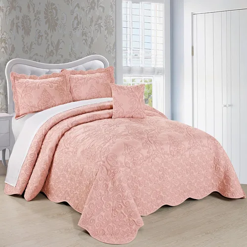 Miniatura 16 de Home Soft Things Juego de colcha de damasco de 4 piezas, edredón reversible con borde festoneado, juego de ropa de cama prelavado, patrón floral