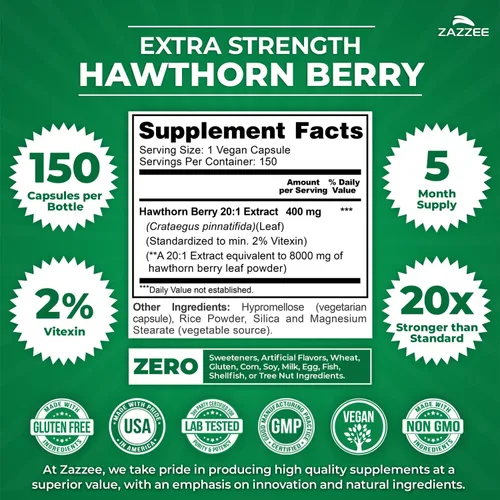 Miniatura 3 de Zazzee - Extracto de baya de espino blanco extrafuerte 20:1, 8000 mg de fuerza, 2% de vitexina, 150 cápsulas veganas, suministro para 5 meses