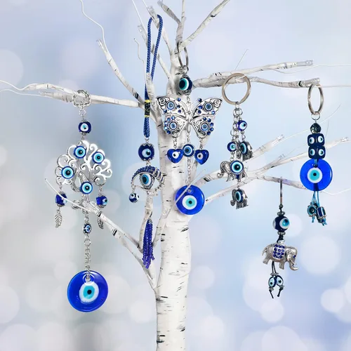 Miniatura 4 de 6 piezas de adorno colgante de coche de mal de ojo de la suerte, ojo malvado azul con mariposa, decoración colgante de ojo turco con amuleto
