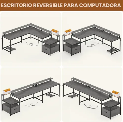 Miniatura 4 de SEDETA Escritorio en forma de L, escritorio de oficina en casa de 66 pulgadas con cajón de archivos de madera y toma de corriente, escritorio de Gris