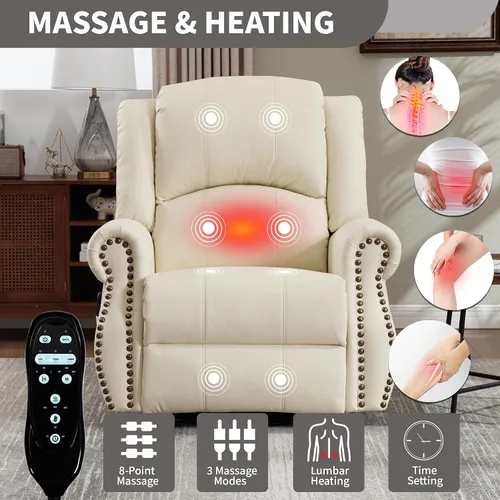 Miniatura 4 de PELUMY Silla reclinable giratoria de cuero transpirable para adultos, balancín giratorio de 360° con masaje térmico y vibratorio, silla de descanso