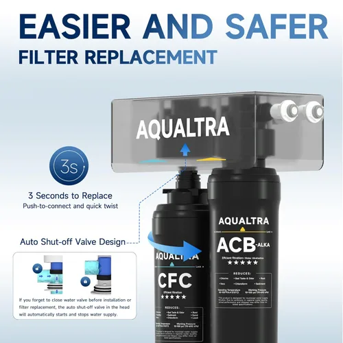 Miniatura 7 de AQUALTRA USF-2B-15 Sistema de filtración de agua ligeramente alcalino debajo del fregadero, filtro de agua debajo del fregadero de 28000 galones