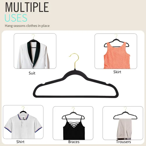 Miniatura 7 de ManGotree Perchas de terciopelo con gancho dorado giratorio de 360°, perchas de fieltro antideslizantes para trajes, colgador de ropa ultra delgado