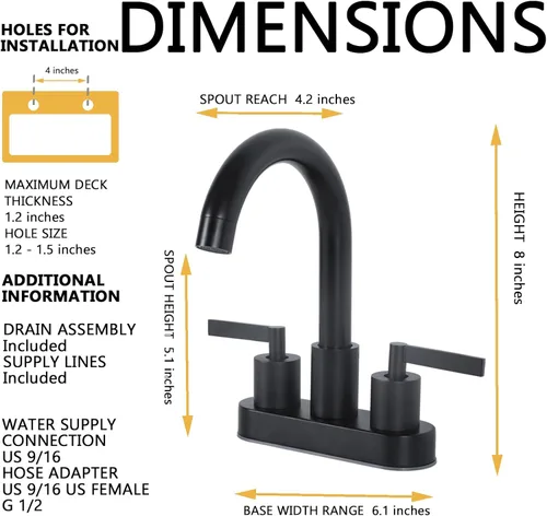 Miniatura 2 de KINGO HOME Grifo de lavabo de baño negro mate, grifo de baño en cascada de 2 o 3 agujeros, grifos centrales de 4 pulgadas, 2 manijas de tocador