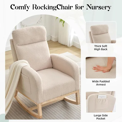 Miniatura 6 de IDEALHOUSE Mecedora para guardería, mecedora tapizada con respaldo alto y bolsillo lateral, cómoda silla de lactancia para lactancia, sillón