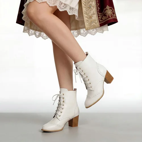 Miniatura 5 de Betastella Botas de tobillo con cordones para mujer, tacón grueso, con cierre lateral, botas cortas de vestir con cremallera lateral
