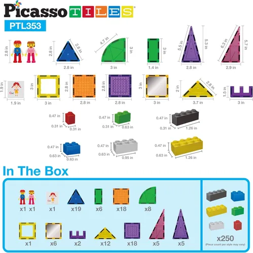 Miniatura 8 de PicassoTiles Juego combinado de 16 piezas + 353 piezas de azulejos magnéticos y ladrillos, figuras de acción, juguetes de aprendizaje STEM, a partir