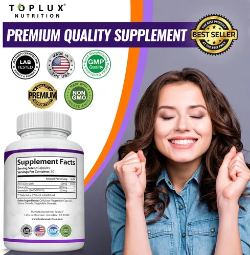 Miniatura 2 de Toplux Quercetina con bromelina 1200 mg - Suplemento avanzado de apoyo inmunológico, apoya antioxidante, sistema inmunológico, para hombres