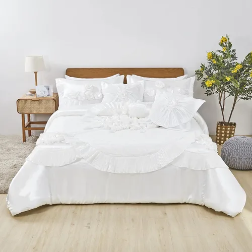 Miniatura 2 de Tache - Juego de edredón de 6 piezas de satén sedoso con volantes de encaje floral blanco perla brillante dulce victoriano glamour lujoso boda