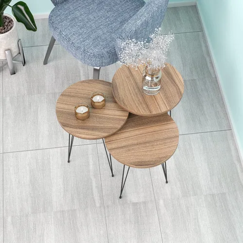 Miniatura 7 de Juego de 3 anidados redondos, base moderna de aspecto de grano de madera para mesas de centro o mesitas de noche, mesa auxiliar, mesa auxiliar Nuez