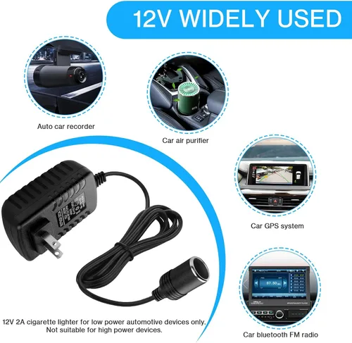Miniatura 5 de Herfair Convertidor de CA a CC 2A 24W Adaptador de enchufe para encendedor de cigarrillos de automóvil, cable de alimentación 110-240V a 12V AC/DC