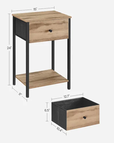 Miniatura 3 de VASAGLE Mesita de noche, mesa auxiliar con cajón de tela, mesa auxiliar de 24 pulgadas de alto con estante de almacenamiento, dormitorio, roble