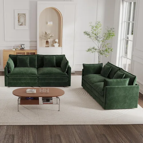 Miniatura 16 de mikibama Juego de sofá biplaza y sillón de lujo de 2 piezas, moderno juego de sofás nube tapizados de chenilla con 5 almohadas para sala de estar