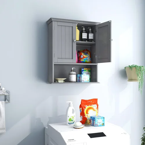 Miniatura 9 de Tangkula Armario de pared de baño, armario colgante de madera con puertas y estantes, gabinete de almacenamiento multiusos para aseo, cocina, sala