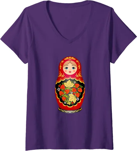 Miniatura 8 de Hermosa camiseta de Matryoshka Russian Strawberry Nesting Doll con cuello en V para mujer, Negro, S