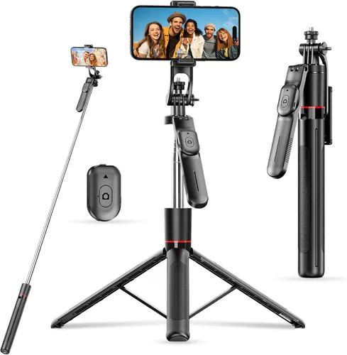 Trípode con palo selfie de 67 pulgadas para iPhone con control remoto, soporte para teléfono y tornillo de 1/4 de pulgada, trípode extensible