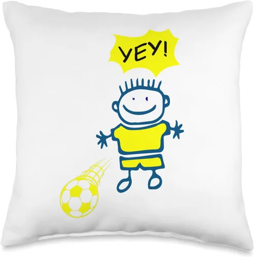 Niño juega fútbol con pelota, Yey! Throw Pillow