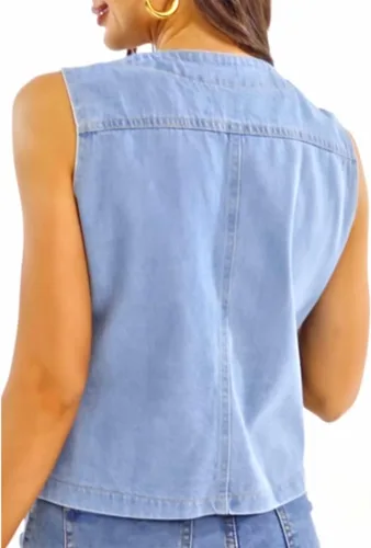 Miniatura 5 de Peaceglad Chaleco de mezclilla casual para mujer, cuello en V, parte delantera abierta, con botones, sin mangas, con bolsillos