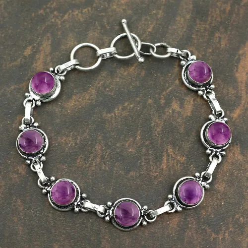 Miniatura 95 de Round Shape Natural & Synthetic Gemstones Silver Plated Bracelets for Women - Vintage Bohemian Style Handmade Birthstone Adjustable Link Bracelet